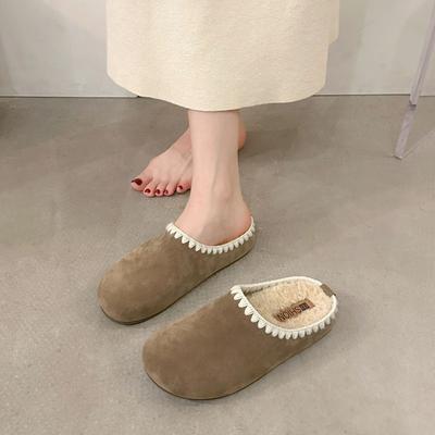 Hiver Nouveau Fond Épais Baotou Chaussons Chauds pour Femmes Bout Rond Dentelle Épais Peluche Coton Chaussures Marron Version Coréenne Chaussons