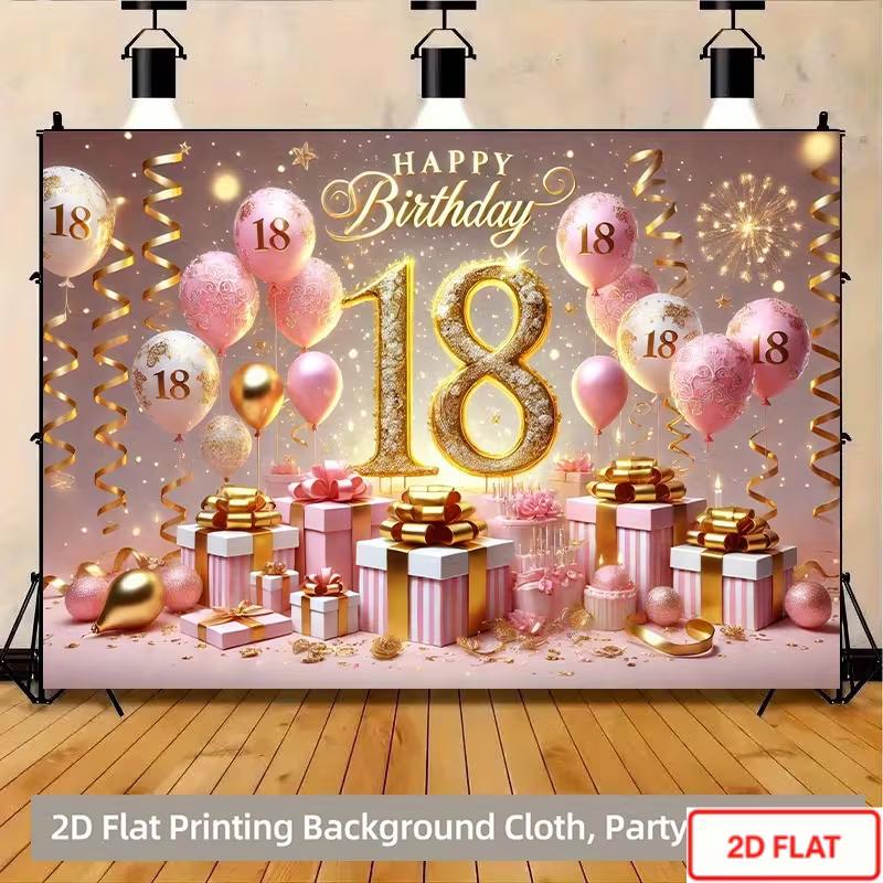 

2D Sparkle Pink Gold 18th Happy Birthday Photography Backdrop with Balloons 47.2x31.5inch/120*80cm