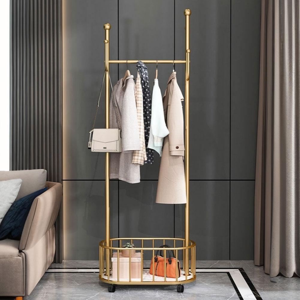 Clothes Rack with Basket Coat Stand Movable Clothes Rail with Wheel for Coats Skirts Shirts Sweaters