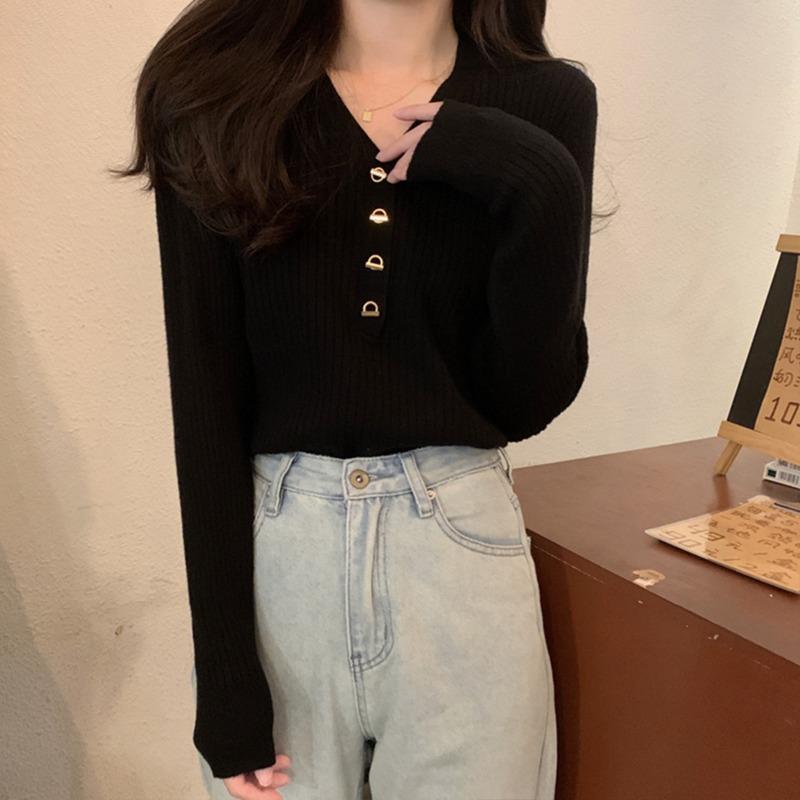 V-neck Bottoming Shirt Women's Autumn and Winter New Simple Design Slim-fitting Long-sleeved Sweater Knitted Sweater Top
