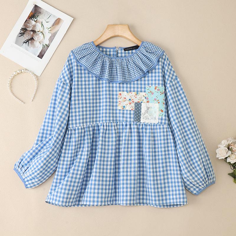 ZANZEA Women Casual Ruffles Splice Round Neck Loose Long Sleeve Plaid Print Blouse