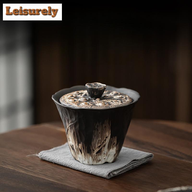 200ml Wabi Sabi Stil Gaiwan Luxus Relief Lotus Reim Teeschale Haushalts Teekocher Abdeckung Schüssel Geschirr Zubehör Ornamente