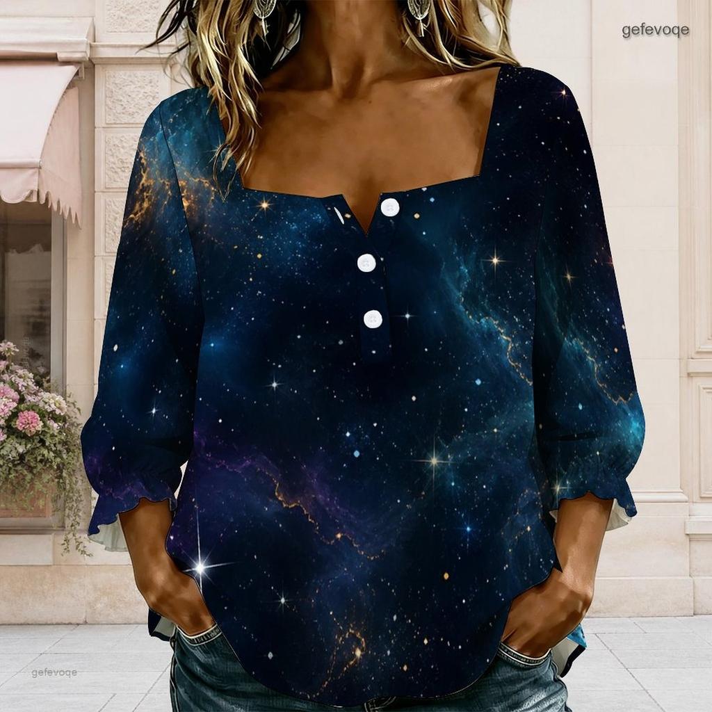 Womens Plus Size Square Neck Long Sleeve Front Button Elegant Loose Versatile Casual Ladies Blouse