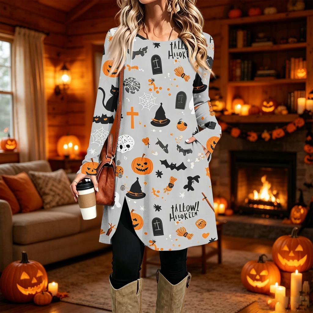 Damen Freizeitkleid mit Print, Langarm, Rundhalsausschnitt für den Alltag