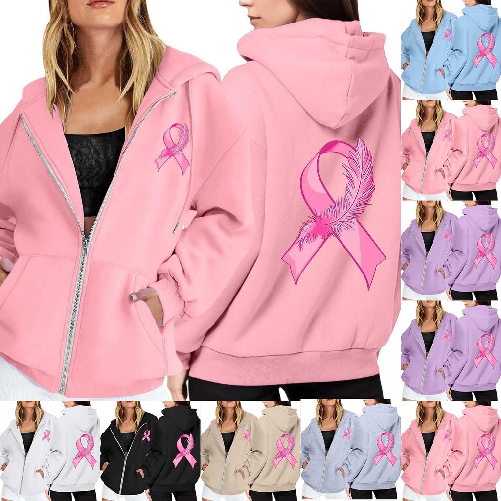 Women's Breast Sweatshirt Ribbon Breast Long Sleeve Hooded Pocket Casual Sweatshirt Jacket
