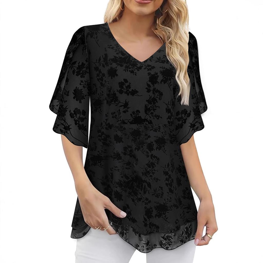 Double-layer Flocking Elastic Mesh Women's Summer Three-quarter Flared Sleeve Cinched Waist V-neck Top