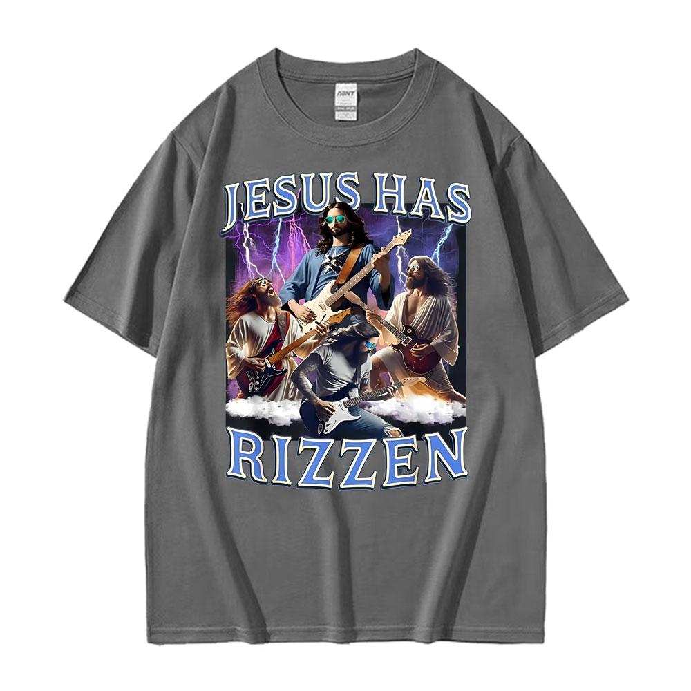 Funny Jesus Has Rizzen Rock Star Tee Shirt Mens Clothing Fashion Gothic Cool T Shirt Unisex High Quality Cotton Summer Tshirts