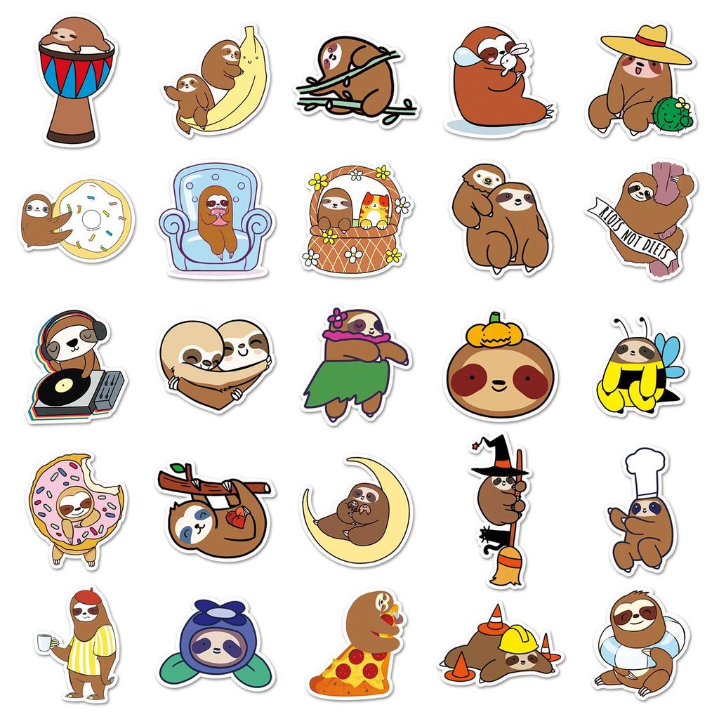 50pcs Cute Cartoon Sloth Stickers for Suitcase, Scooter, Motorcycle, Car