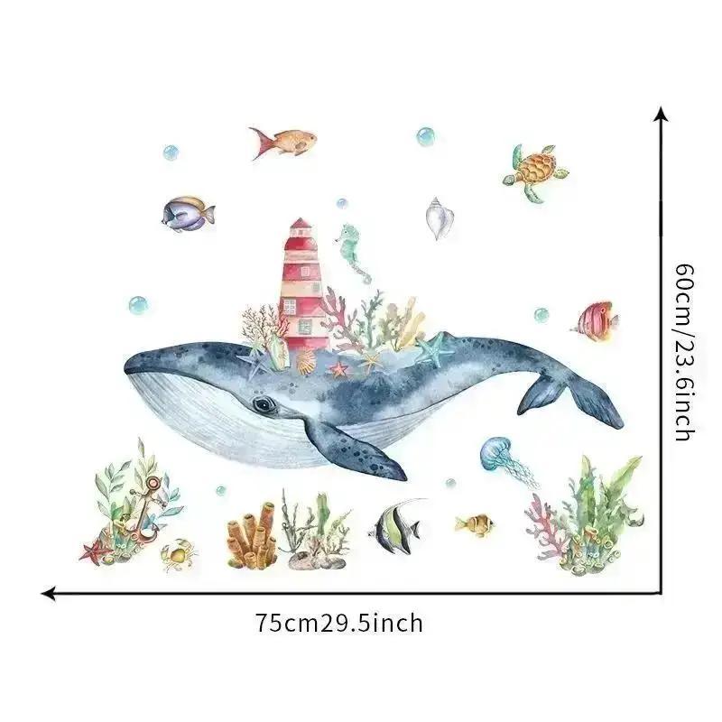 Cartoon Ocean Whale Wall Stickers Underwater Creatures Coral Lighthouse Whale Bathroom Bedroom Home Decoration Wall Stickers