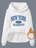 European/American Style Fleece-Lined Hoodie with New York Print and Kangaroo Pocket for Women - Autumn/Winter