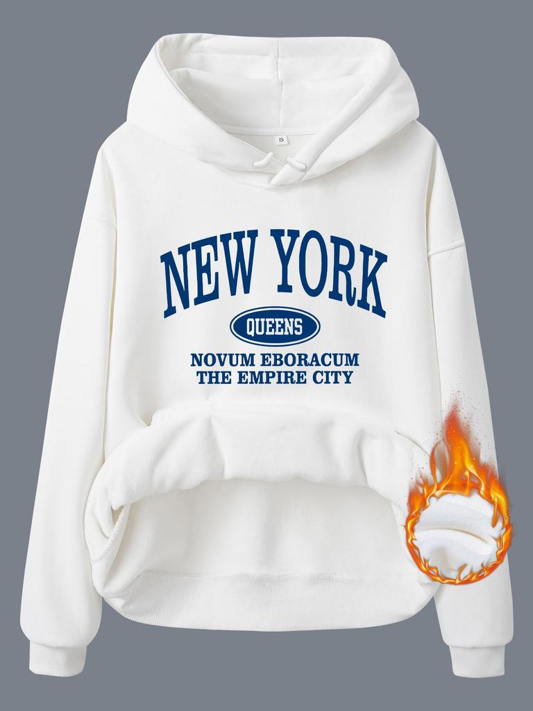 European/American Style Fleece-Lined Hoodie with New York Print and Kangaroo Pocket for Women - Autumn/Winter