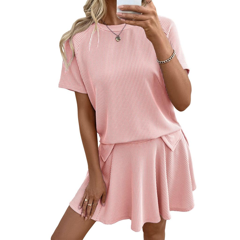Damesmode Kleur Ronde Hals Korte Mouwen Top Broek Rok Tweedelig Pak