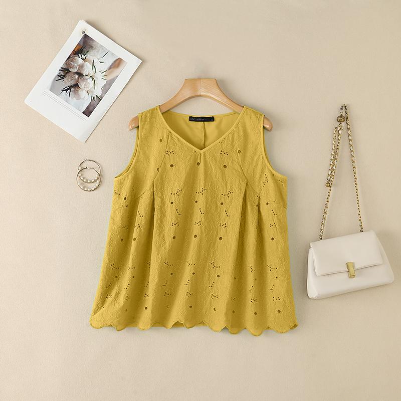 ZANZEA Women Casual V-Neck Sleeveless Lace Crochet Patchwork Tank Tops