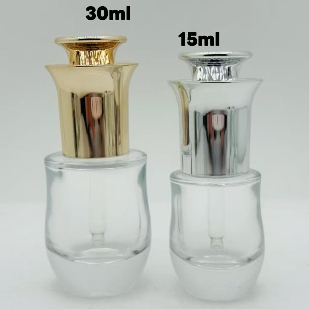 

Available: Essential Oil & Serum Bottles (15ml, 30ml) with Flat Shoulder, Thick Bottom, Press-Top. 15ml; Accessories (cap pump) + Clear Bottle; Glass