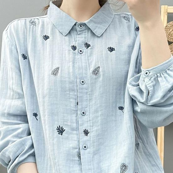 Women Shirt Lapel Long Sleeve Single Breasted Shirt Tops Loose Fit Leaf Pattern Casual Shirt Work Party Vacation Daily Wear