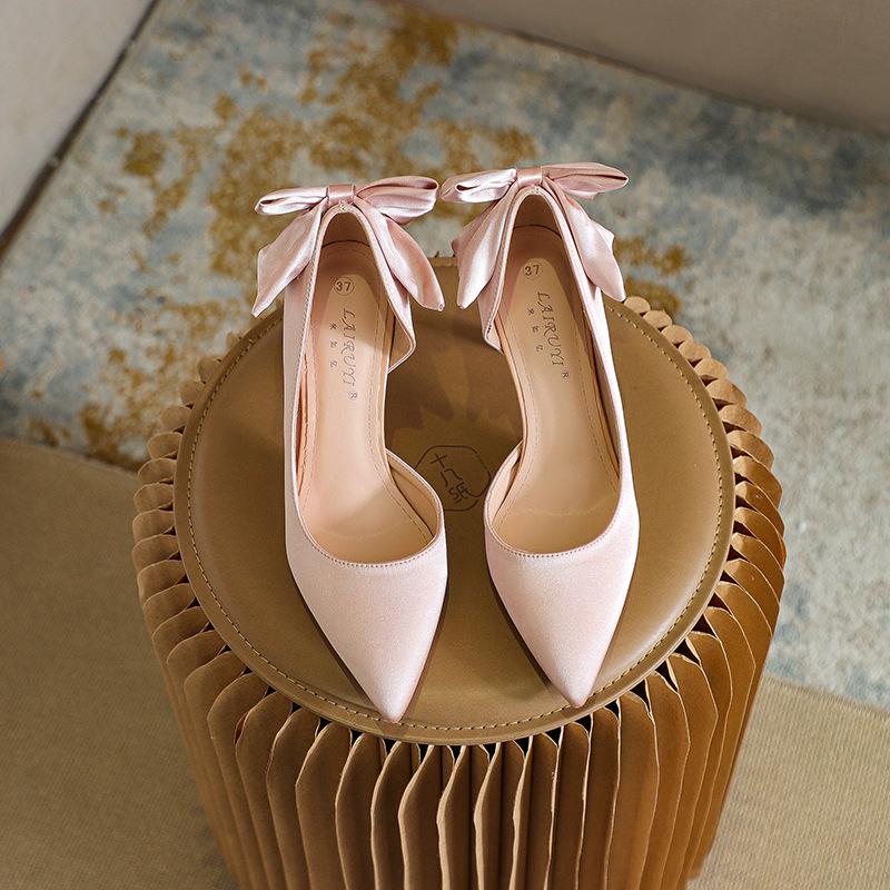 Fashion French High Heels, Women'S Thin Heels, Satin Engagement Shoes, High-End Feel, Xiuhe Wedding Dress, Two Pairs To Wear