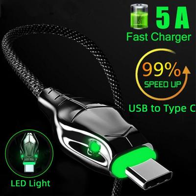 1 ks Kabel typu C 5A Rychlé nabíjení Hadí hlava Indikátorové světlo Datový kabel pro Kabel pro vysokorychlostní nabíjení