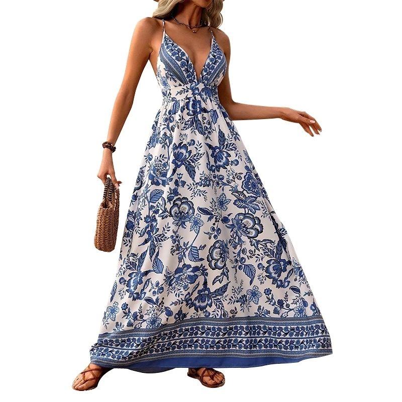 Western Style Summer New Sexy Deep V-neck Sexy Print Waist Hugging Backless Sling Dress Beach Long dress Women