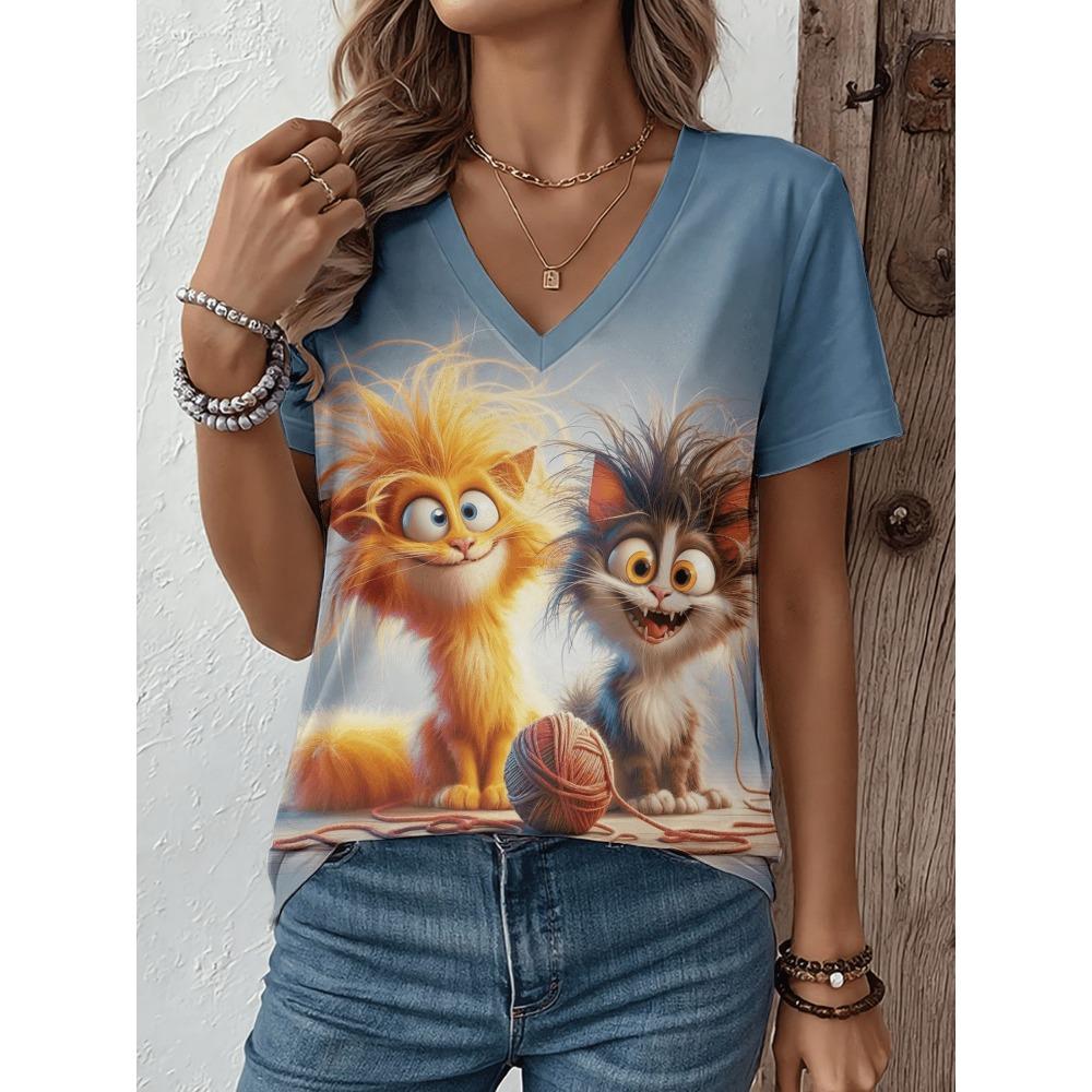 Women's V-neck short sleeved T-shirt cartoon cat print T-shirt