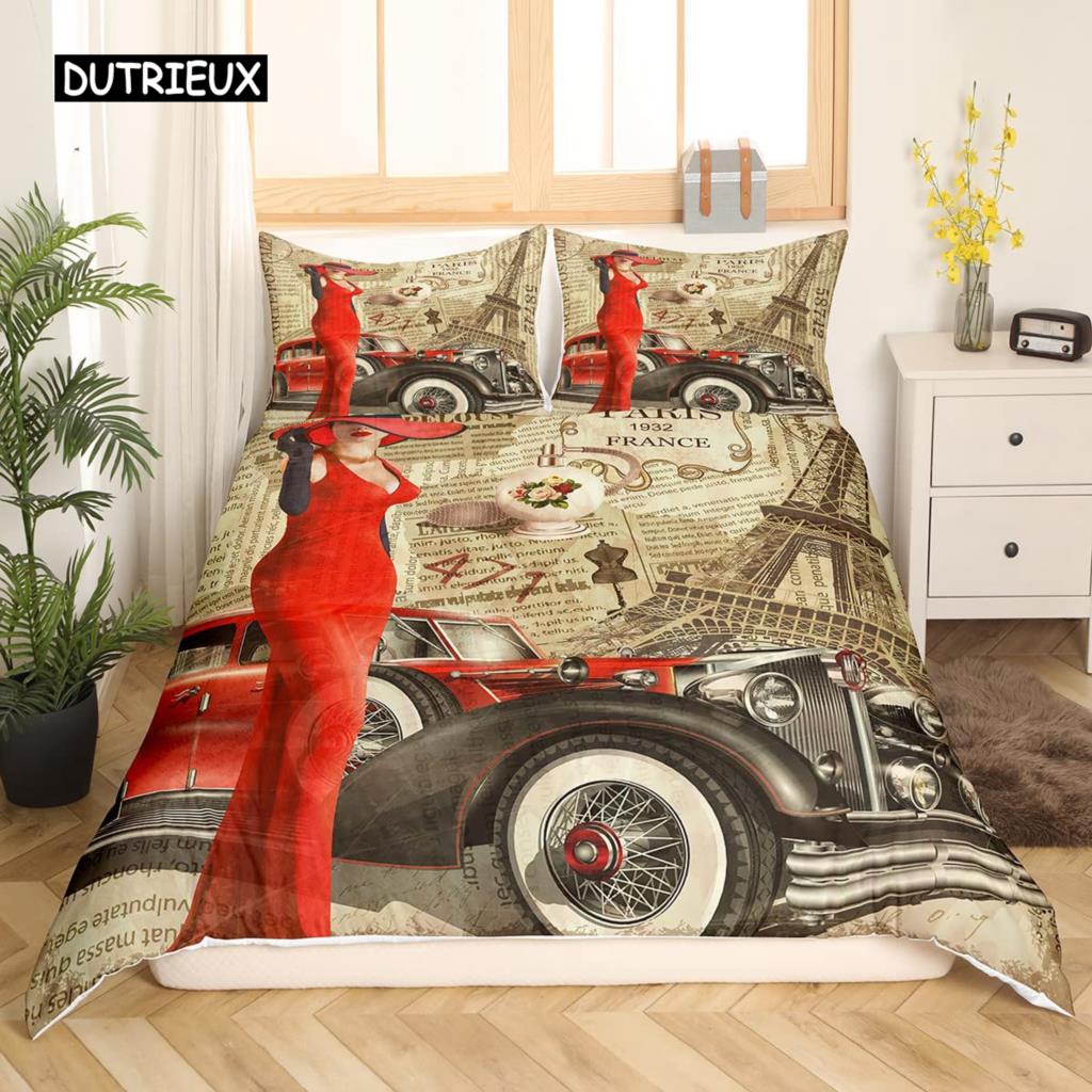 Valentine Day King Queen Duvet Cover Paris Eiffel Tower Bedding Set Pink Watercolor Tulips Flowers Balloon Polyester Quilt Cover