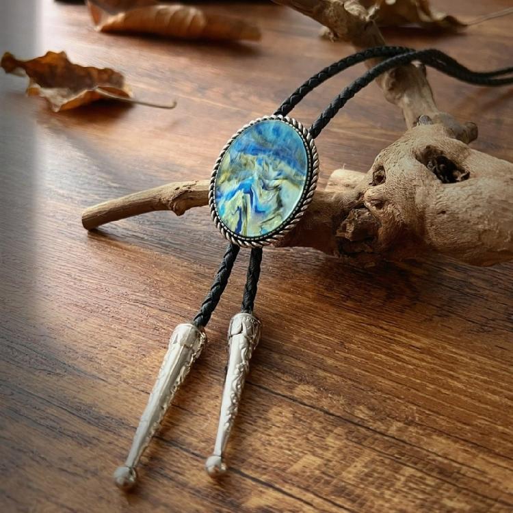 Braided Shoestring Stone Bolo Tie Carved Charm Cowboy Necktie Necklace