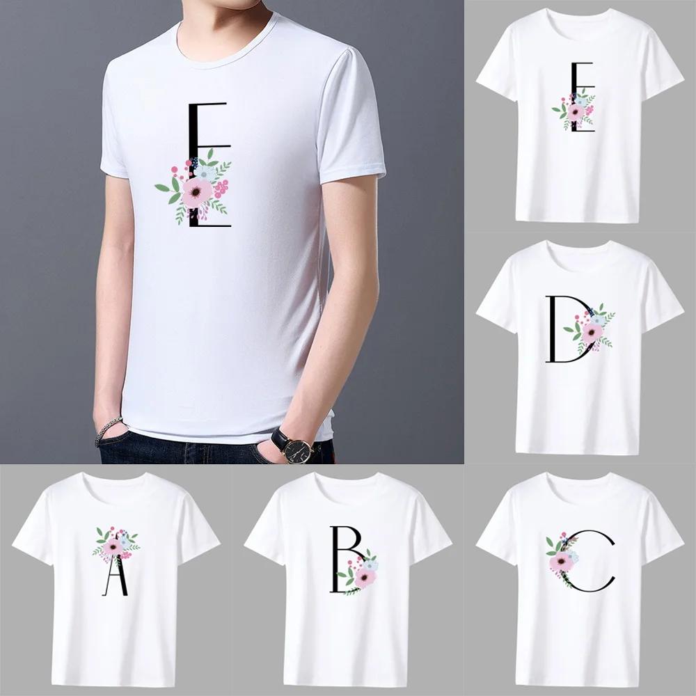 Men's Classic T-shirt Casual O-neck Flower and Black Lettern Printing Pattern Series Commuter All-match Breathable White Shirt