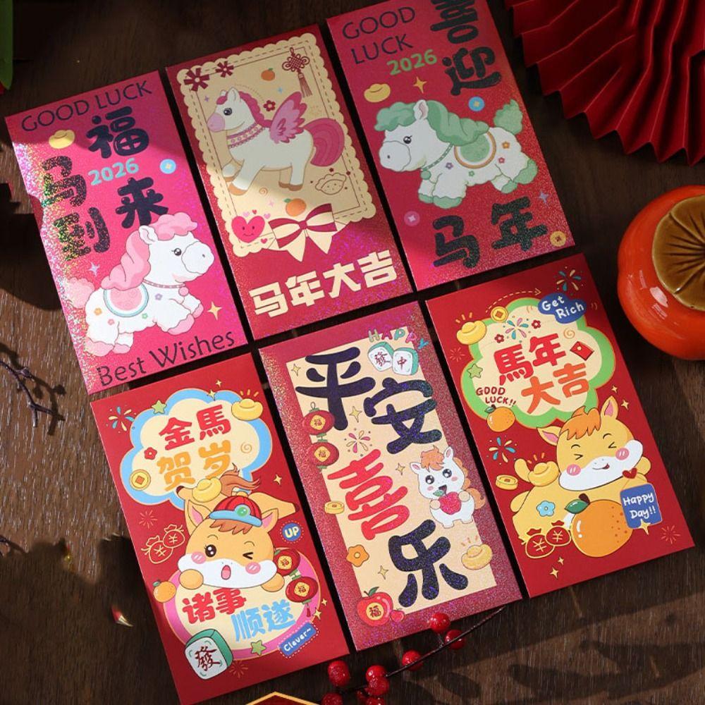 6PCS Paper Horse Year Red Envelope Spring Festival Gift Bag Lucky Money Bag Bless Words Cartoon New Year Red Envelopes