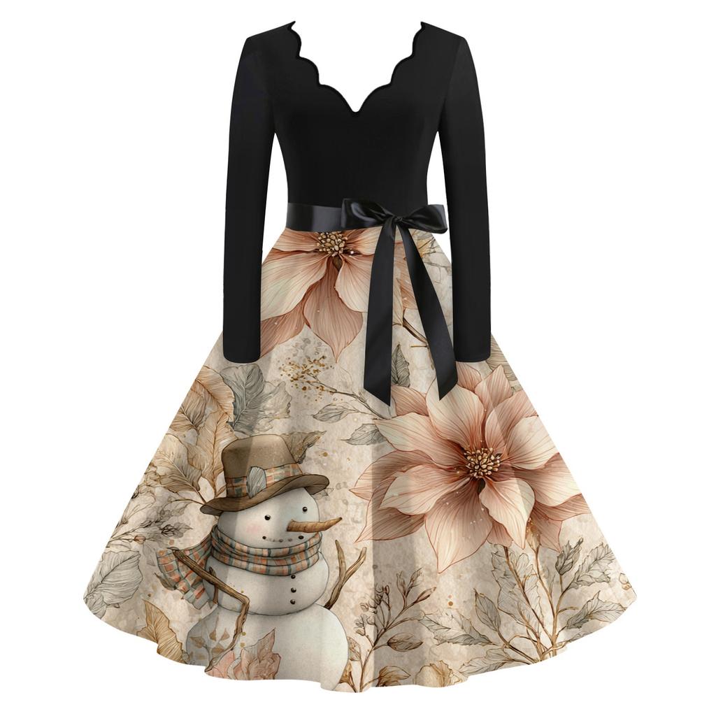 Women's Casual Fashion V-neck Long Sleeved Retro Christmas Print Retro Dress