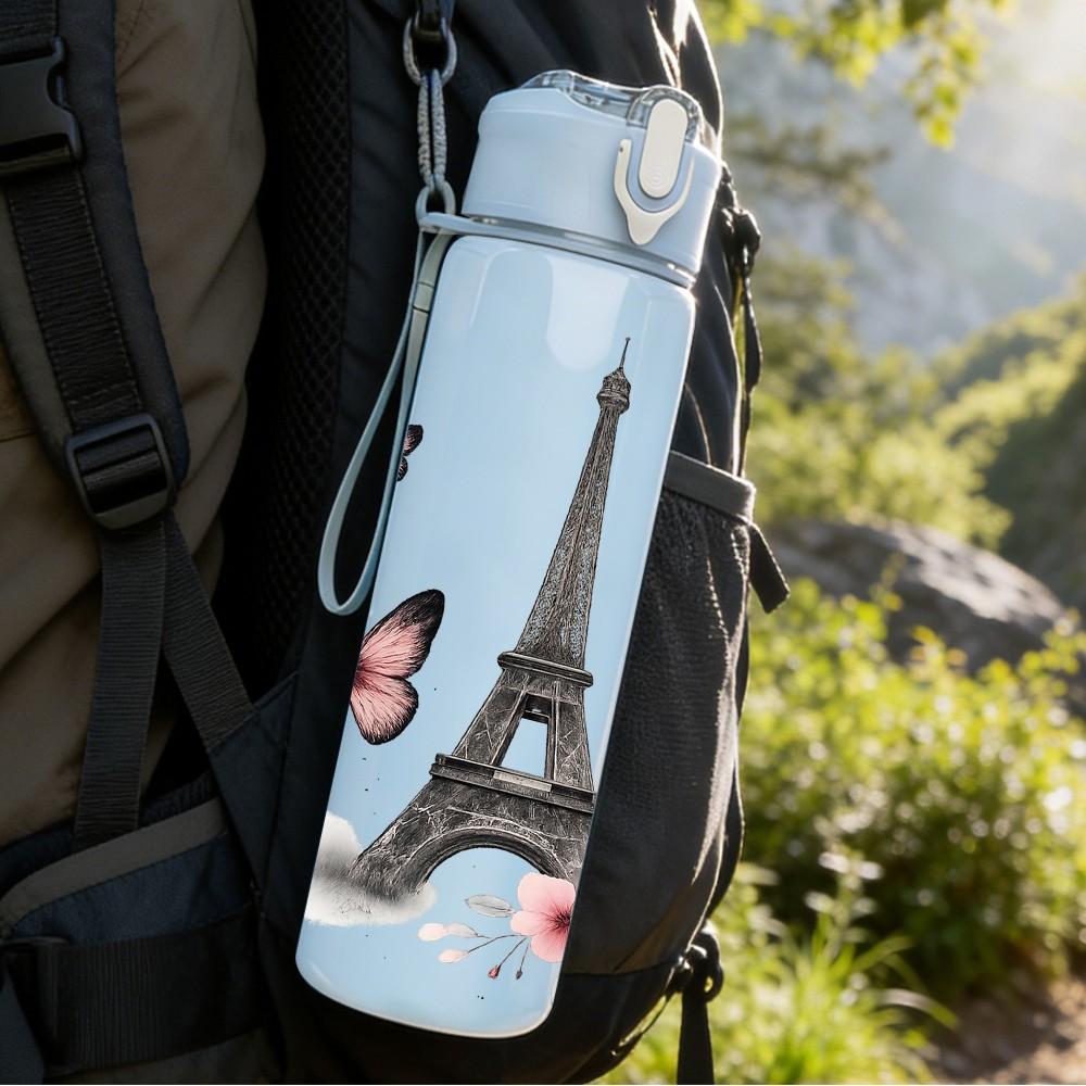 1PC Eiffel Tower Paris Floral 750ml Color Plastic Sports Water Bottle Leakproof Flip Straw Lid Suitable for Sports Office Home Use