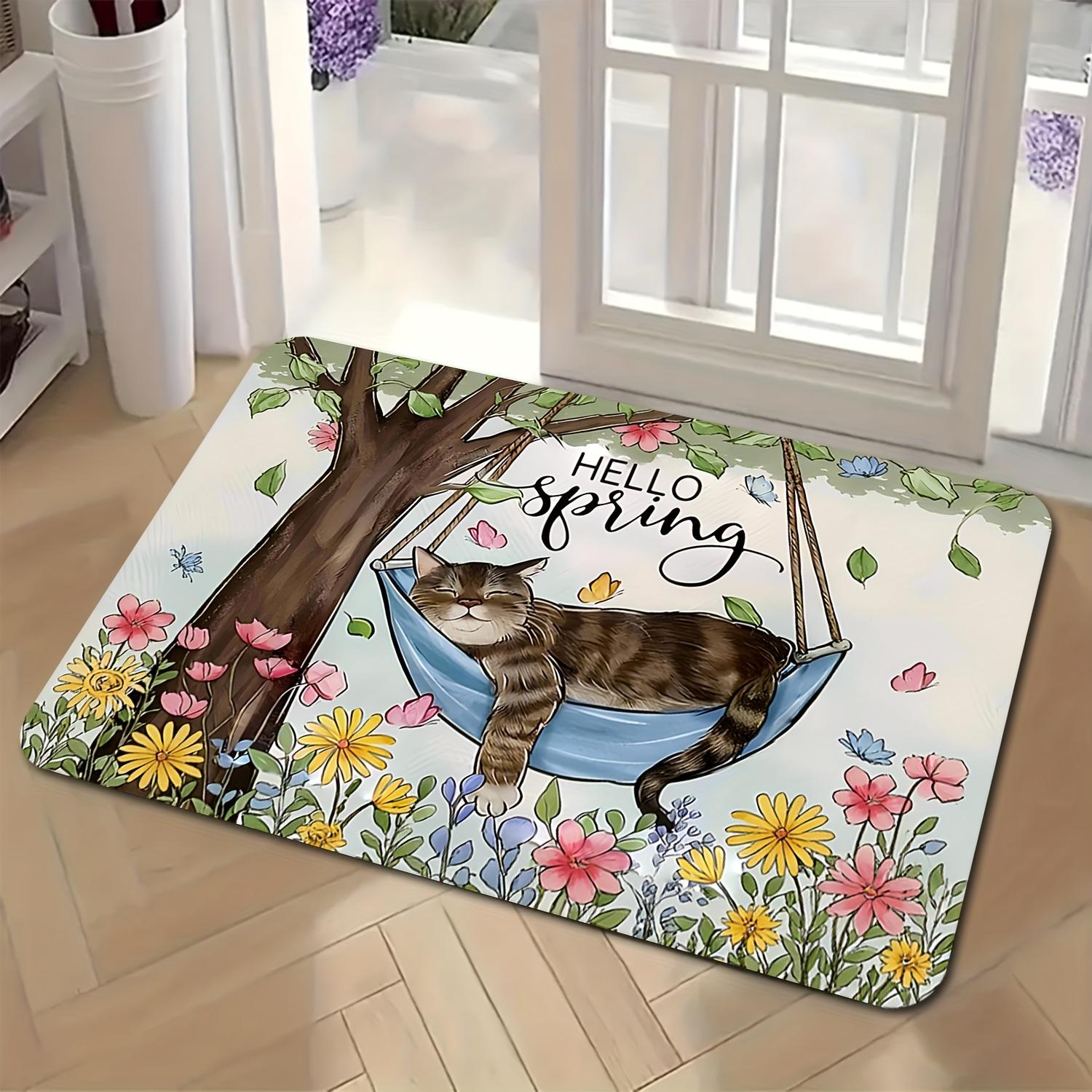 

Hello Spring Sleeping Cat Flannel Door Mat Carpet, Non-Slip Fade-Resistant for Kitchen Bathroom Bedroom Indoor Outdoor Decor 40x60cm