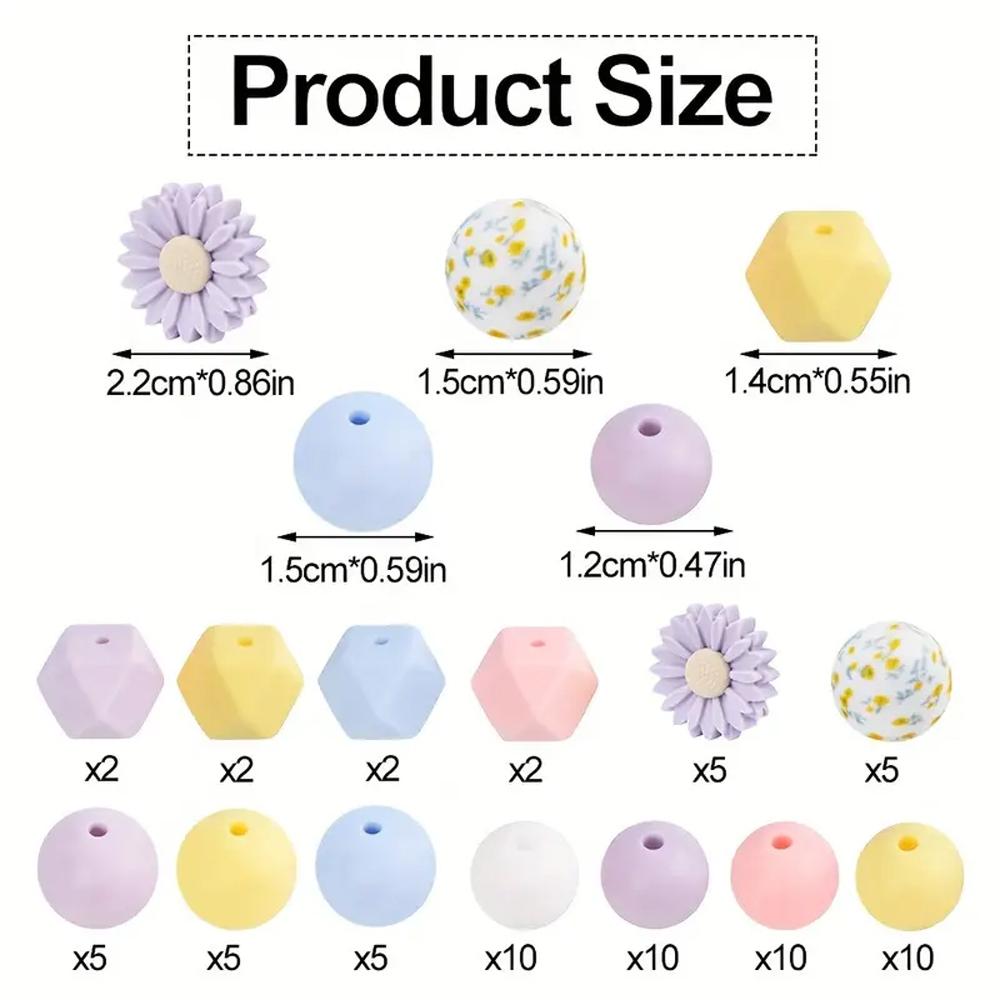 73/79PCS daisy silicone beads, 12/14/15mm round printed silicone beads in bulk, DIY keychain bracelet jewelry making