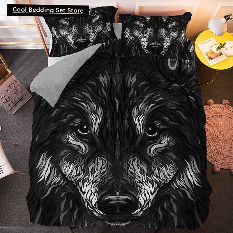 Bettwäscheset mit Weißwolf-Muster Tier Bettbezug Queen King Full Size Bettwäscheset Herren Weiche Polyester Bettdeckenbezug Schwarz Grau