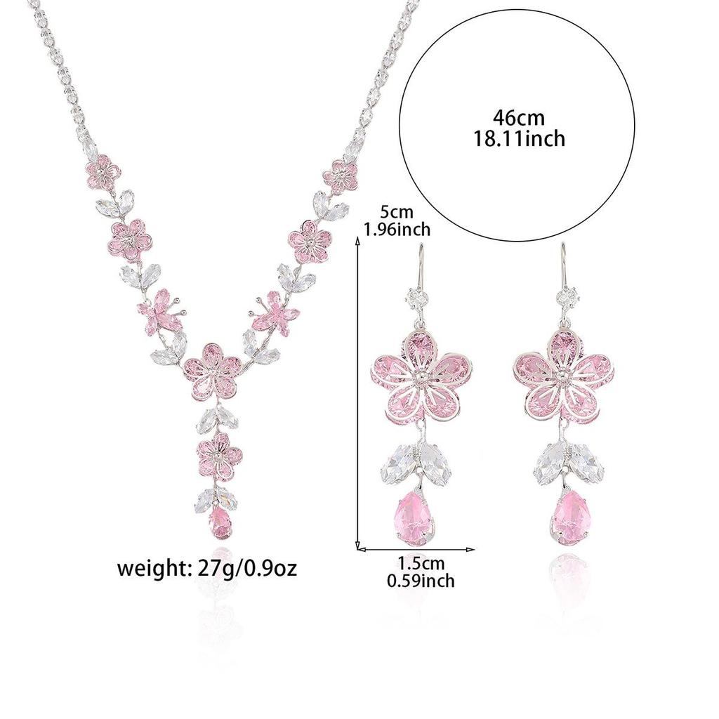 European-American Style Zircon Light Pink Necklace & Plum Blossom Earrings Set