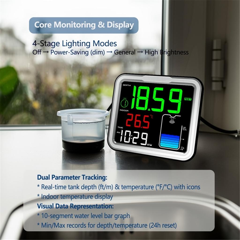 8-in-1 Wireless Smart Solar-Powered Ultrasonic Water Level Monitor with Alarm 150m Remote Monitoring Tank Level Monitor