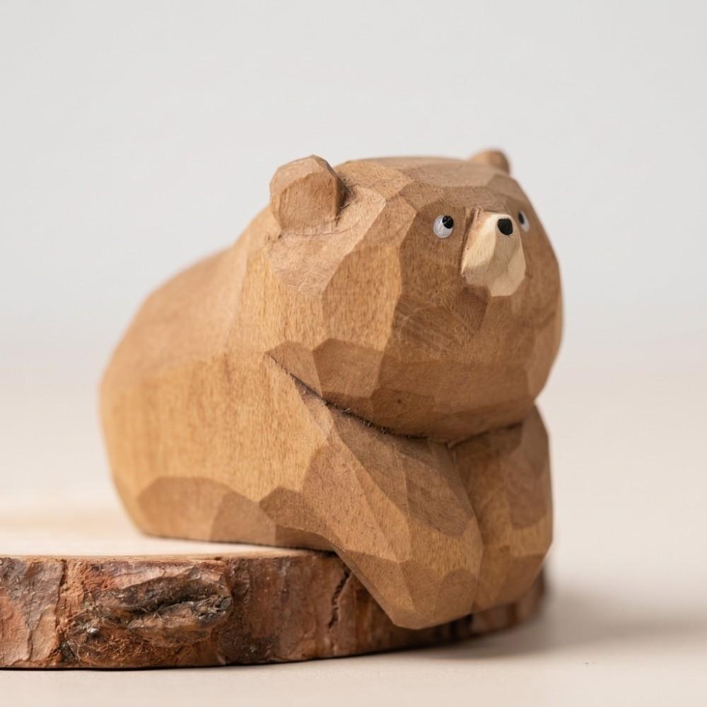Cute Wooden Carving Ornament Decoration Mini Bear Statue Cuddly Wooden Bear Figurines  Gift