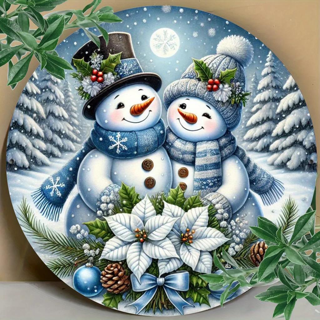 Snowman Couple White Poinsettia Winter Forest Tin Sign Vintage Durable Metal Plaque Wall Decor Festive Christmas Home Office