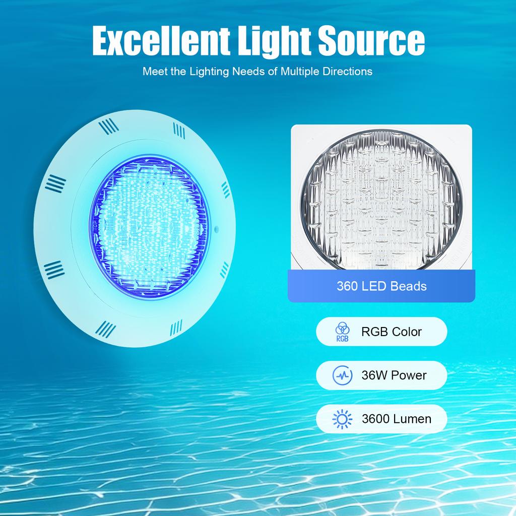 12V 36W Underwater Pond Light 7 Color Change RGB Led Pool Light W/RC Submersible Led Light IP68 Inground Swimming Pool Light