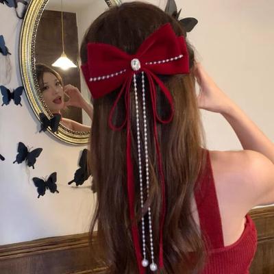 Autumn And Winter Pearl Bow Streamer Hairpin Female Hairpin Clip Back Of Head New Year Red Hair Accessories Princess Headdress