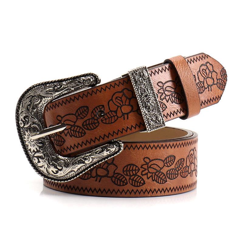 Stylish and Edgy Retro Embossed Women’s Belt Trendy “It Girl” Subculture Women’s Versatile Leather Belt with Bull Pin Buckle