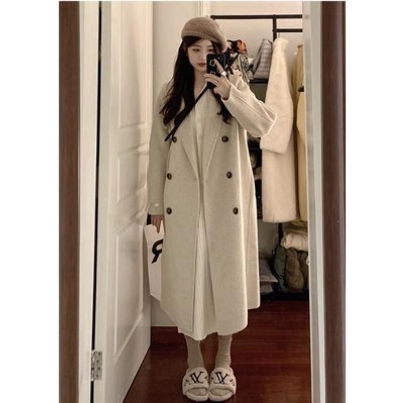 Cappotto di Lana Grigio Marrone da Donna Autunno e Inverno Nuovo Stile Stile Hepburn Retro Doppio Petto Lunghezza Media Cappotto di Lana