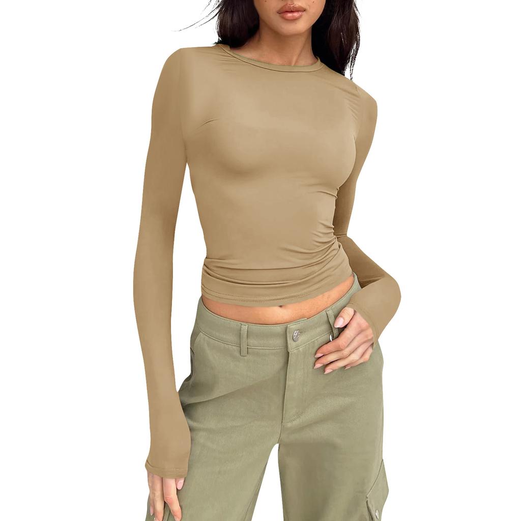 Women's Fashion Solid Colour Round Neck Long Sleeve T-Shirt Top