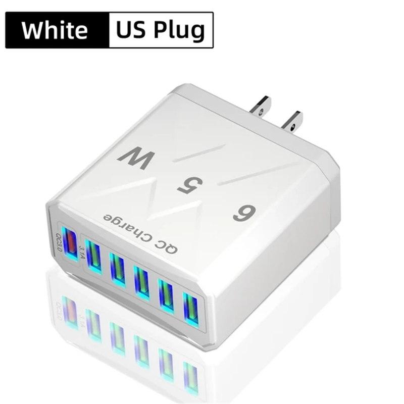 65W 6 Ports USB Charger Fast Charging QC3.0 Travel Charger for IPhone 14 Samsung Xiaomi Mobile Phone Adapter EU KR US UK Plug