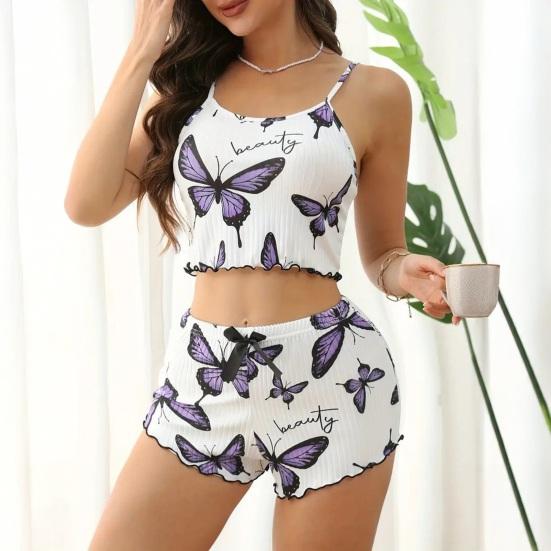 Women's Cami Pajama Set 2 Piece Ribbed Sleeveless Crop Top And Shorts Camisole Pjs Set Summer Cute Butterfly Print Sleepwear