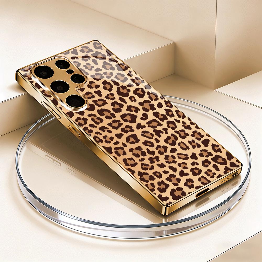 Leopard Print Metallic Paint Glass Phone Case Suitable for Samsung Galaxy S26 S25 S24 S22 S21 S20 FE/Ultra/Plus Anti Drop