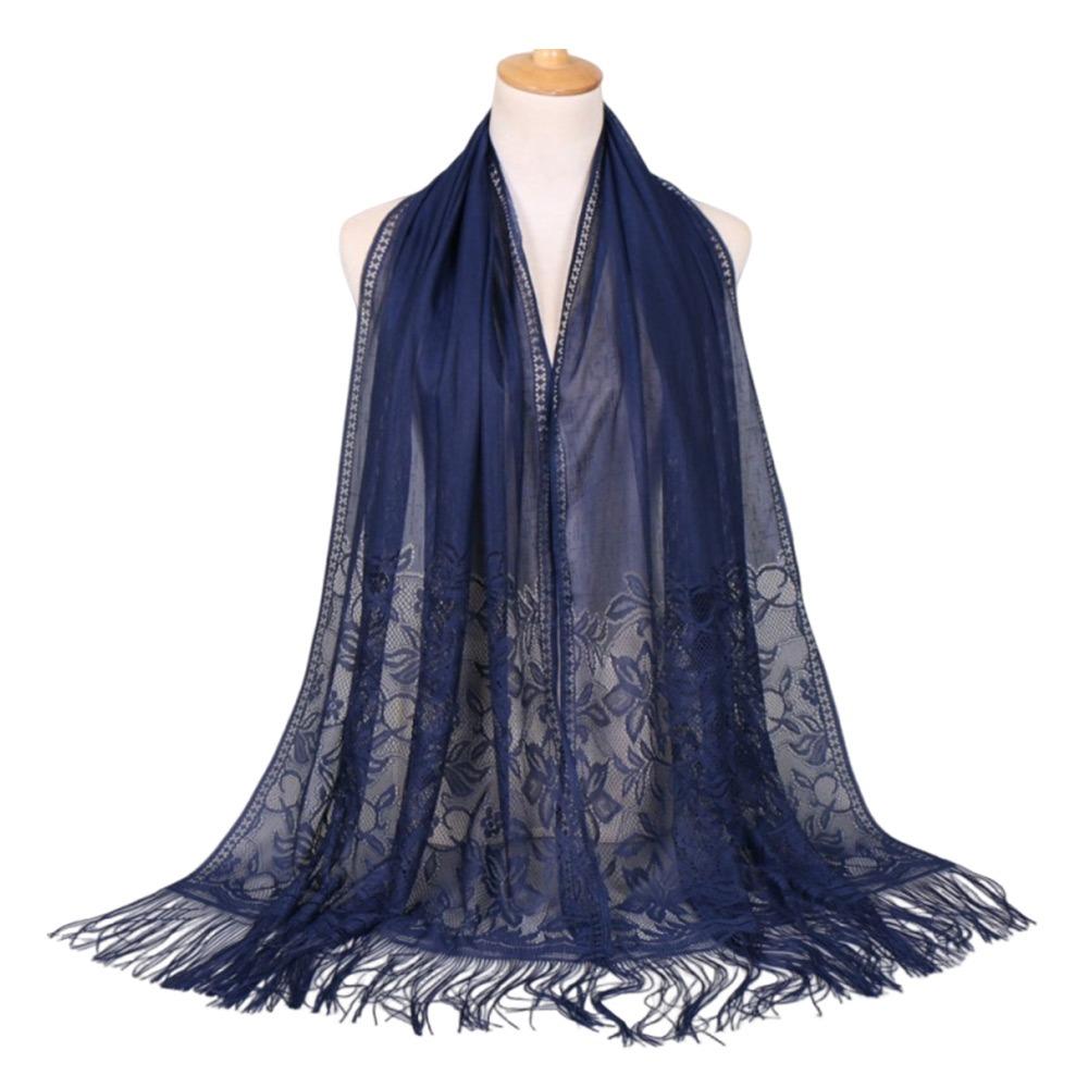 Cross-Border Solid Color Lace Scarf Cotton Blend Muga Silk Hollow Scarf Hollow Design Tassel Trim Mesh Scarf Casual Wear