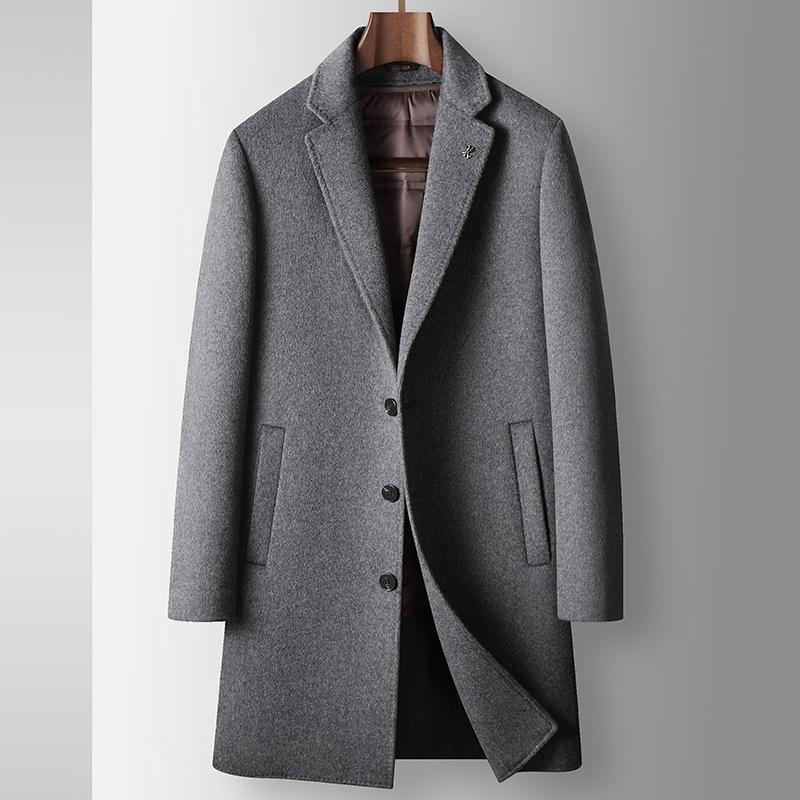 Płaszcz męski wełniany jesień i zima średni i długi młodzieżowy biznesowy do noszenia na co dzień biały puch gęsi dwustronny wełniany ciepły płaszcz Tide