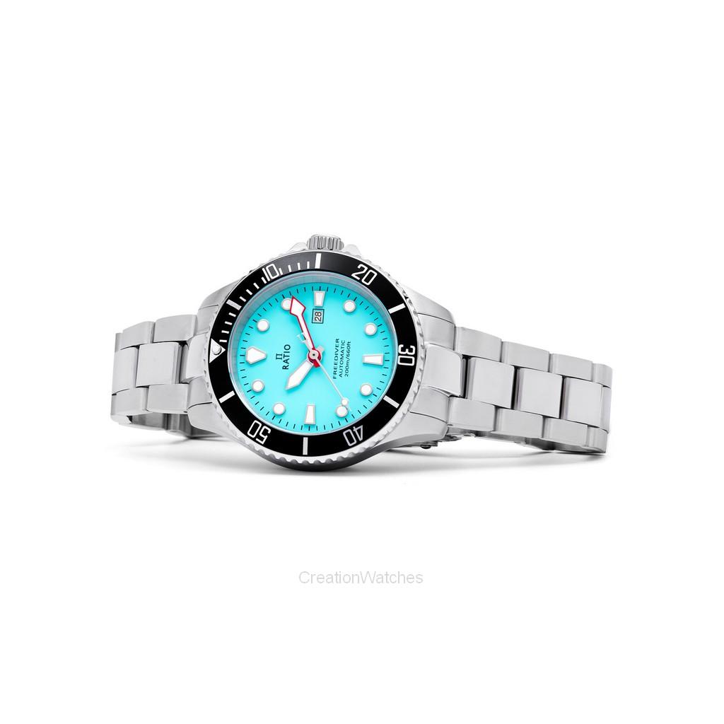 RATIO Relógio Feminino FreeDiver Sapphire Aço Inoxidável Mostrador Azul Gelo Automático RTFL837 200M