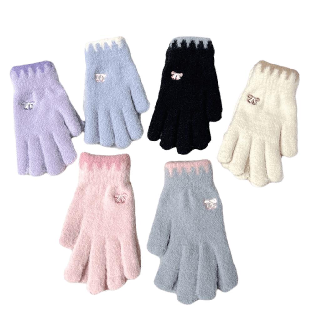 Plush Warm Full Finger Gloves Bow Embroidered Winter Knitted Gloves  Cold Weather Activities