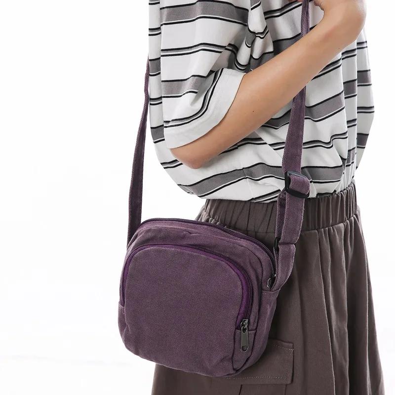 Small monochromatic square bag for women washed canvas shoulder bag for cell phone versatile casual bag