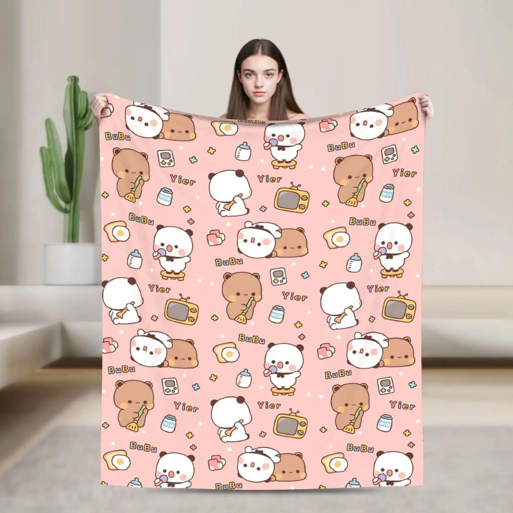 Bubu Dudu Panda Bear Cartoon Flannel Blanket Cute Art Lightweight Throw for Autumn Winter Travel Home Decor
